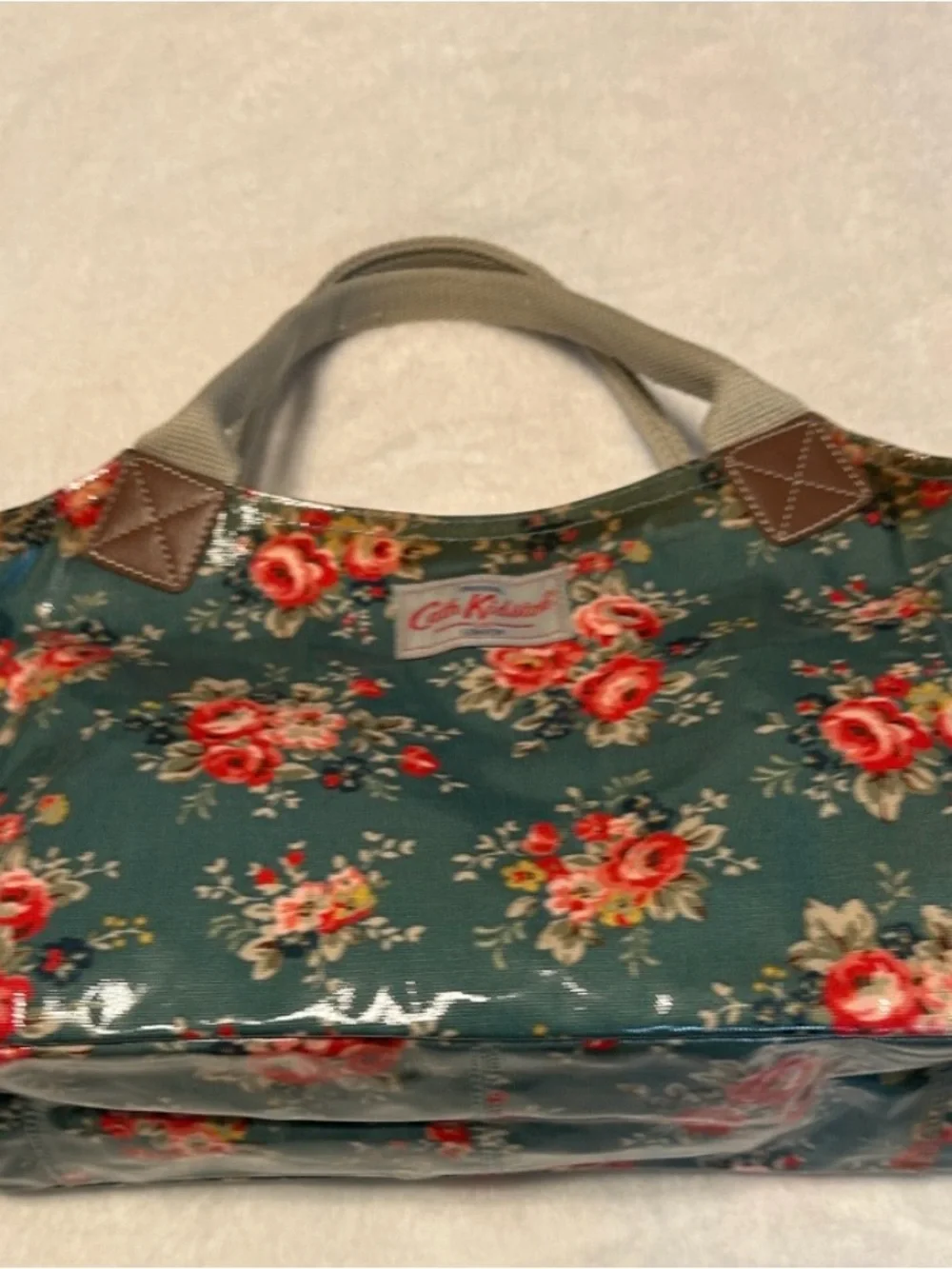 Original Cath Kidston Sage Green Floral Roses Oilcloth Coated Handbag Spacious